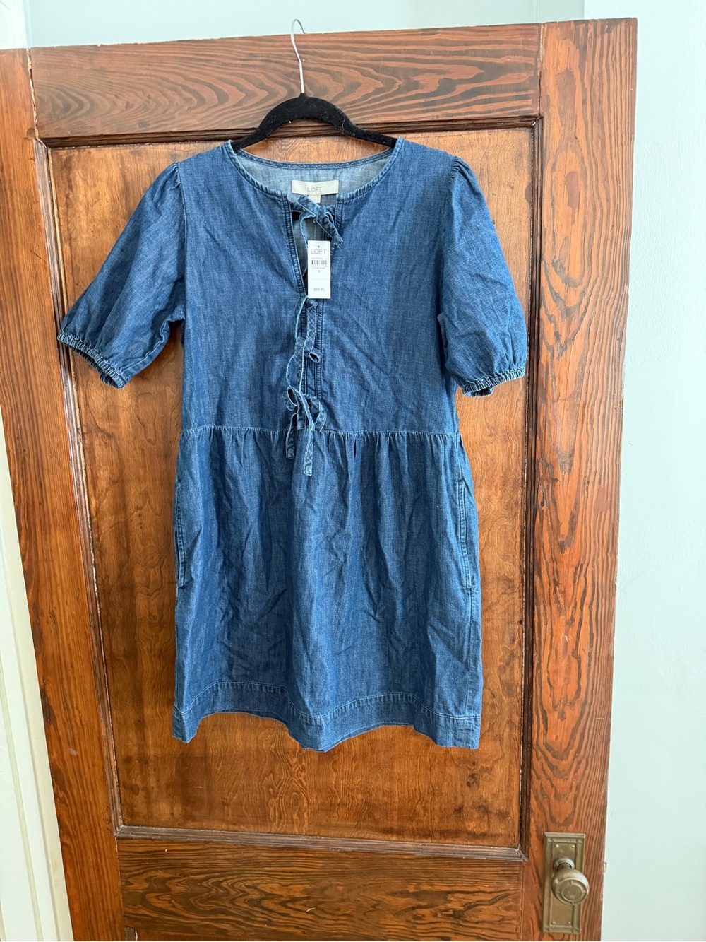 LOFT Indigo Denim Mini Dress with Front Tie